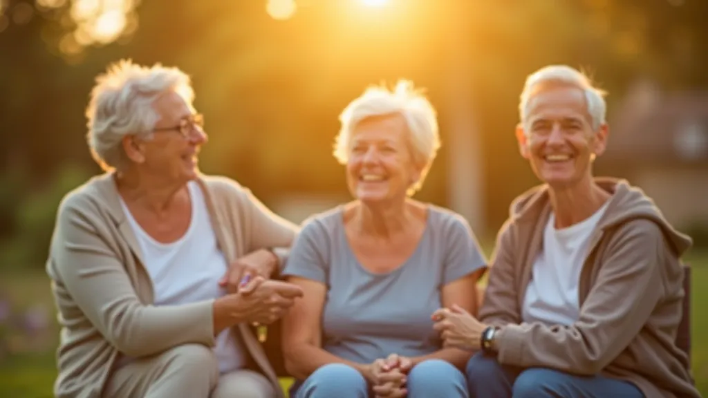 Grupa senioru sēžot ārpusē pēc aktivitātes, saules gaisma, smaidošas sejas