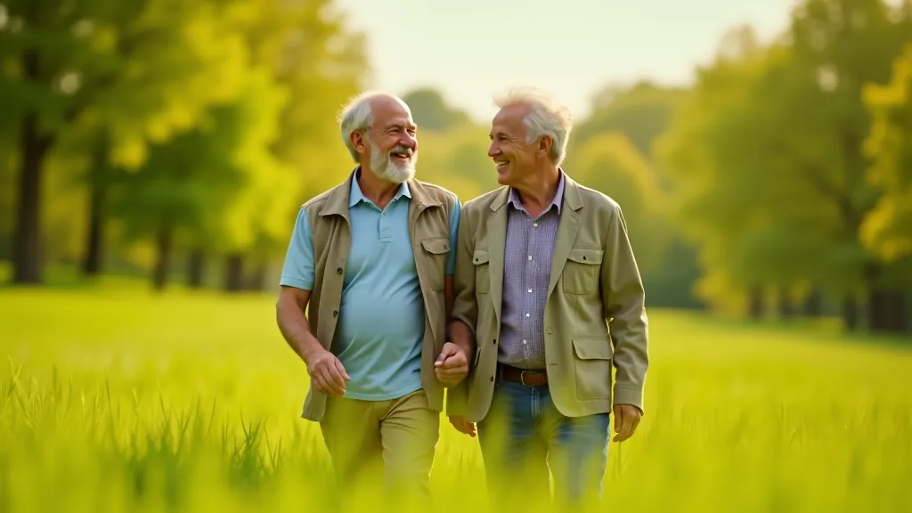 Divi seniori staigā pāri zāļu pļavai, pavasara ainava, saulains laiks